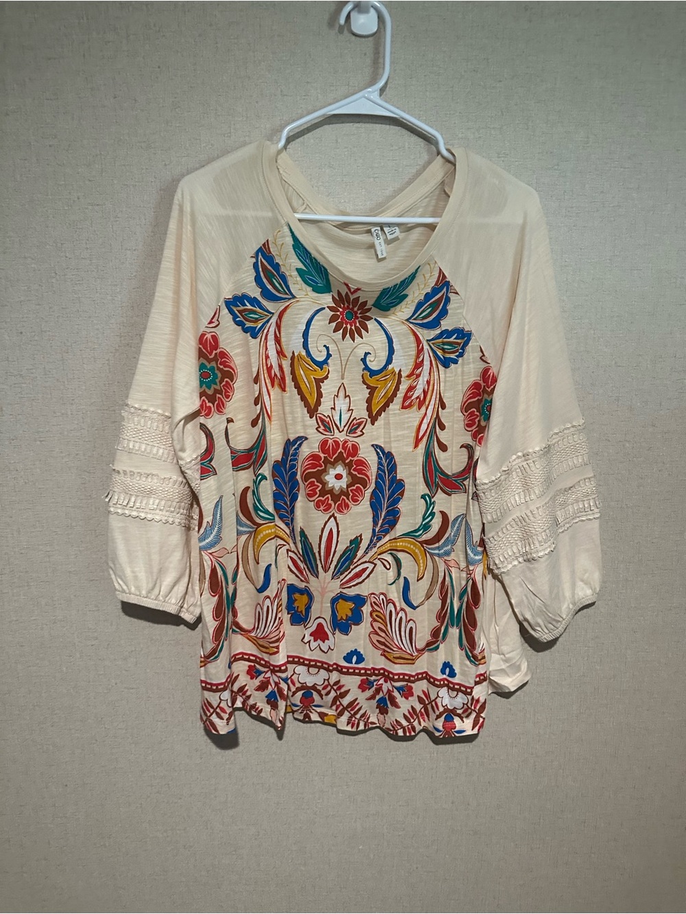 Cato Large Cream Boho Floral Peasant Top